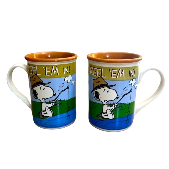 Other - 2 Peanuts Snoopy Mugs Reel 'Em In Stoneware Gibson 14 oz Fishing
